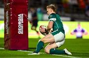 5 July 2025; Tommy O’Brien of Ireland scores his side's first try during the International Rugby Test match between Georgia and Ireland at at Mikheil Meskhi Stadium in Tbilisi, Georgia. Photo by Brendan Moran/Sportsfile