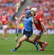 5 July 2025; Conor Burke of Dublin in action against Tim O'Mahony of Cork during the GAA Hurling All-Ireland Senior Championship semi-final match between Cork and Dublin at Croke Park in Dublin. Photo by David Fitzgerald/Sportsfile