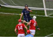 5 July 2025; Tim O'Mahony, 8, of Cork scores his side's sixth goal past Dublin goalkeeper Sean Brennan during the GAA Hurling All-Ireland Senior Championship semi-final match between Cork and Dublin at Croke Park in Dublin. Photo by Stephen McCarthy/Sportsfile