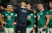 5 July 2025; Ireland players Jack Boyle, right, and Gus McCarthy, centre, are spoken to by referee Andrea Piardi during the International Rugby Test match between Georgia and Ireland at at Mikheil Meskhi Stadium in Tbilisi, Georgia. Photo by Brendan Moran/Sportsfile