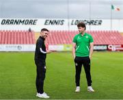 5 July 2025; Shamrock Rovers goalkeeper Ed McGinty and Sligo Rovers manager John Russell before the SSE Airtricity Men's Premier Division match between Sligo Rovers and Shamrock Rovers at The Showgrounds in Sligo. Photo by Thomas Flinkow/Sportsfile