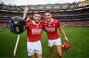 5 July 2025; Conor Lehane, left, and Brian Hayes of Cork celebrate after the GAA Hurling All-Ireland Senior Championship semi-final match between Cork and Dublin at Croke Park in Dublin. Photo by Ramsey Cardy/Sportsfile