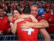 5 July 2025; Seán O'Donoghue of Cork celebrates with his parents Paddy and Yvonne after the GAA Hurling All-Ireland Senior Championship semi-final match between Cork and Dublin at Croke Park in Dublin. Photo by David Fitzgerald/Sportsfile