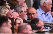 5 July 2025; Uachtarán Chumann Lúthchleas Gael Jarlath Burns, left, and An Taoiseach Míchéal Martin TD during the GAA Hurling All-Ireland Senior Championship semi-final match between Cork and Dublin at Croke Park in Dublin. Photo by Ramsey Cardy/Sportsfile
