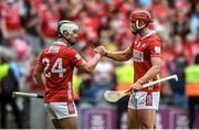 5 July 2025; Cork players, from left, Shane Kingston and Brian Hayes after the GAA Hurling All-Ireland Senior Championship semi-final match between Cork and Dublin at Croke Park in Dublin. Photo by John Sheridan/Sportsfile