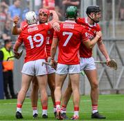 5 July 2025; Cork players, from left, Tommy O'Connell, Mark Coleman, Ciarán Joyce and Eoin Downey celebrate after the GAA Hurling All-Ireland Senior Championship semi-final match between Cork and Dublin at Croke Park in Dublin. Photo by Ray McManus/Sportsfile