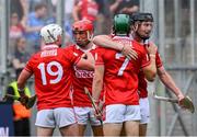 5 July 2025; Cork players, from left, Tommy O'Connell, Mark Coleman, Ciarán Joyce and Eoin Downey celebrate after the GAA Hurling All-Ireland Senior Championship semi-final match between Cork and Dublin at Croke Park in Dublin. Photo by Ray McManus/Sportsfile