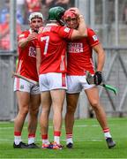 5 July 2025; Cork players, from left, Tommy O'Connell, Mark Coleman and Ciarán Joyce celebrate after the GAA Hurling All-Ireland Senior Championship semi-final match between Cork and Dublin at Croke Park in Dublin. Photo by Ray McManus/Sportsfile