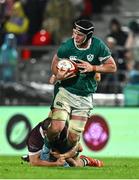 5 July 2025; Darragh Murray of Ireland is tackled by Vano Karkadze of Georgia during the International Rugby Test match between Georgia and Ireland at at Mikheil Meskhi Stadium in Tbilisi, Georgia. Photo by Brendan Moran/Sportsfile