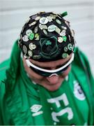 5 July 2025; A detailed view of pins on the hat of Shamrock Rovers supporter Mike Eustace before the SSE Airtricity Men's Premier Division match between Sligo Rovers and Shamrock Rovers at The Showgrounds in Sligo. Photo by Thomas Flinkow/Sportsfile