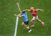 5 July 2025; Sean Currie of Dublin in action against Declan Dalton of Cork during the GAA Hurling All-Ireland Senior Championship semi-final match between Cork and Dublin at Croke Park in Dublin. Photo by Stephen McCarthy/Sportsfile