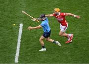 5 July 2025; Sean Currie of Dublin in action against Declan Dalton of Cork during the GAA Hurling All-Ireland Senior Championship semi-final match between Cork and Dublin at Croke Park in Dublin. Photo by Stephen McCarthy/Sportsfile