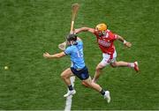 5 July 2025; Sean Currie of Dublin in action against Declan Dalton of Cork during the GAA Hurling All-Ireland Senior Championship semi-final match between Cork and Dublin at Croke Park in Dublin. Photo by Stephen McCarthy/Sportsfile