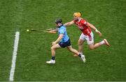 5 July 2025; Sean Currie of Dublin in action against Declan Dalton of Cork during the GAA Hurling All-Ireland Senior Championship semi-final match between Cork and Dublin at Croke Park in Dublin. Photo by Stephen McCarthy/Sportsfile