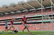 5 July 2025; Tim O'Mahony of Cork celebrates after scoring his side's sixth goal during the GAA Hurling All-Ireland Senior Championship semi-final match between Cork and Dublin at Croke Park in Dublin. Photo by Ramsey Cardy/Sportsfile