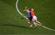 5 July 2025; Sean Currie of Dublin in action against Niall O'Leary of Cork during the GAA Hurling All-Ireland Senior Championship semi-final match between Cork and Dublin at Croke Park in Dublin. Photo by Stephen McCarthy/Sportsfile