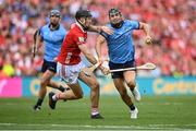 5 July 2025; Sean Currie of Dublin in action against Eoin Downey of Cork during the GAA Hurling All-Ireland Senior Championship semi-final match between Cork and Dublin at Croke Park in Dublin. Photo by David Fitzgerald/Sportsfile