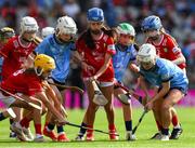 5 July 2025; Players representing both Dublin and Cork compete for the sliotar during the GAA INTO Cumann Na mBunscoil Respect Exhibition Go Games at half time in the GAA Hurling All-Ireland Senior Championship semi-final match between Cork and Dublin at Croke Park in Dublin. Photo by Ray McManus/Sportsfile