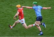 5 July 2025; Shane Barrett of Cork in action against Conor McHugh of Dublin during the GAA Hurling All-Ireland Senior Championship semi-final match between Cork and Dublin at Croke Park in Dublin. Photo by Stephen McCarthy/Sportsfile
