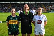 5 July 2025; Team captains Cait Lynch of Kerry and Laoise Lenehan of Kildare pose for a photograph with referee Kevin Phelan before the TG4 All-Ireland Ladies Football Senior Championship quarter-final match between Kerry and Kildare at Austin Stack Park in Tralee, Kerry. Photo by Tyler Miller/Sportsfile