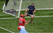 5 July 2025; Brian Hayes of Cork shoots to score his side's first goal past Dublin goalkeeper Sean Brennan during the GAA Hurling All-Ireland Senior Championship semi-final match between Cork and Dublin at Croke Park in Dublin. Photo by Stephen McCarthy/Sportsfile