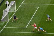 5 July 2025; Brian Hayes of Cork shoots to score his side's first goal during the GAA Hurling All-Ireland Senior Championship semi-final match between Cork and Dublin at Croke Park in Dublin. Photo by David Fitzgerald/Sportsfile