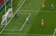 5 July 2025; Alan Connolly of Cork shoots to score his side's second goal during the GAA Hurling All-Ireland Senior Championship semi-final match between Cork and Dublin at Croke Park in Dublin. Photo by David Fitzgerald/Sportsfile