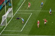 5 July 2025; Alan Connolly of Cork, top, celebrates after scoring his side's second goal during the GAA Hurling All-Ireland Senior Championship semi-final match between Cork and Dublin at Croke Park in Dublin. Photo by David Fitzgerald/Sportsfile