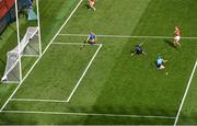 5 July 2025; Brian Hayes of Cork shoots to score his side's fourth goal during the GAA Hurling All-Ireland Senior Championship semi-final match between Cork and Dublin at Croke Park in Dublin. Photo by David Fitzgerald/Sportsfile