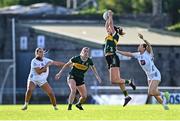 5 July 2025; Mary O'Connell of Kerry wins the throw-in ahead of Roisín Byrne of Kildare during the TG4 All-Ireland Ladies Football Senior Championship quarter-final match between Kerry and Kildare at Austin Stack Park in Tralee, Kerry. Photo by Tyler Miller/Sportsfile