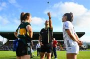 5 July 2025; Referee Kevin Phelan performs the cointoss alongside team captains Cait Lynch of Kerry and Laoise Lenehan of Kildare before the TG4 All-Ireland Ladies Football Senior Championship quarter-final match between Kerry and Kildare at Austin Stack Park in Tralee, Kerry. Photo by Tyler Miller/Sportsfile