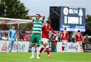 5 July 2025; Graham Burke of Shamrock Rovers reacts to a missed opportunity on goal during the SSE Airtricity Men's Premier Division match between Sligo Rovers and Shamrock Rovers at The Showgrounds in Sligo. Photo by Thomas Flinkow/Sportsfile