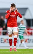 5 July 2025; Owen Elding of Sligo Rovers reacts after his side's first goal, scored by Jad Hakiki, not pictured, during the SSE Airtricity Men's Premier Division match between Sligo Rovers and Shamrock Rovers at The Showgrounds in Sligo. Photo by Thomas Flinkow/Sportsfile