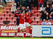 5 July 2025; Jad Hakiki of Sligo Rovers, left, celebrates with teammate Owen Elding after scoring his side's second goal during the SSE Airtricity Men's Premier Division match between Sligo Rovers and Shamrock Rovers at The Showgrounds in Sligo. Photo by Thomas Flinkow/Sportsfile