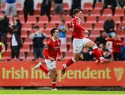 5 July 2025; Jad Hakiki of Sligo Rovers, left, celebrates with teammate Owen Elding after scoring his side's second goal during the SSE Airtricity Men's Premier Division match between Sligo Rovers and Shamrock Rovers at The Showgrounds in Sligo. Photo by Thomas Flinkow/Sportsfile