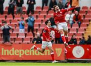 5 July 2025; Jad Hakiki of Sligo Rovers, left, celebrates with teammate Owen Elding after scoring his side's second goal during the SSE Airtricity Men's Premier Division match between Sligo Rovers and Shamrock Rovers at The Showgrounds in Sligo. Photo by Thomas Flinkow/Sportsfile