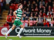5 July 2025; Dan Cleary of Shamrock Rovers celebrates after scoring his side's first goal during the SSE Airtricity Men's Premier Division match between Sligo Rovers and Shamrock Rovers at The Showgrounds in Sligo. Photo by Thomas Flinkow/Sportsfile