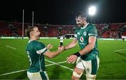 5 July 2025; Ireland captain Craig Casey, left, and teammate Tom Ahern celebrate after the International Rugby Test match between Georgia and Ireland at at Mikheil Meskhi Stadium in Tbilisi, Georgia. Photo by Brendan Moran/Sportsfile