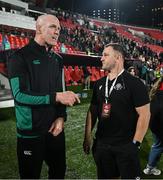 5 July 2025; Ireland head coach Paul O'Connell, left, and Georgia attack coach Conor McPhillips in conversation after the International Rugby Test match between Georgia and Ireland at at Mikheil Meskhi Stadium in Tbilisi, Georgia. Photo by Brendan Moran/Sportsfile