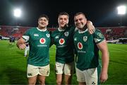 5 July 2025; Ireland players, from left, Thomas Clarkson, Gus McCarthy and Jack Boyle after the International Rugby Test match between Georgia and Ireland at at Mikheil Meskhi Stadium in Tbilisi, Georgia. Photo by Brendan Moran/Sportsfile