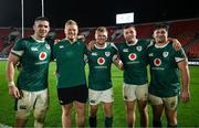 5 July 2025; Ireland players, from left, Nick Timoney, Paddy McCarthy, Tommy O’Brien, Gus McCarthy and Thomas Clarkson after the International Rugby Test match between Georgia and Ireland at at Mikheil Meskhi Stadium in Tbilisi, Georgia. Photo by Brendan Moran/Sportsfile