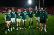 5 July 2025; Ireland players, from left, Craig Casey, Jack Crowley, Calvin Nash, Michael Milne, Gavin Coombes, Tom Ahern and Alex Kendellen after the International Rugby Test match between Georgia and Ireland at at Mikheil Meskhi Stadium in Tbilisi, Georgia. Photo by Brendan Moran/Sportsfile