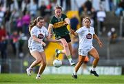 5 July 2025; Síofra O'Shea of Kerry in action against Ruth Sargent, left, and Amy Mahon of Kildare during the TG4 All-Ireland Ladies Football Senior Championship quarter-final match between Kerry and Kildare at Austin Stack Park in Tralee, Kerry. Photo by Tyler Miller/Sportsfile