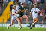 5 July 2025; Síofra O'Shea of Kerry in action against Ruth Sargent, left, and Amy Mahon of Kildare during the TG4 All-Ireland Ladies Football Senior Championship quarter-final match between Kerry and Kildare at Austin Stack Park in Tralee, Kerry. Photo by Tyler Miller/Sportsfile