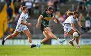 5 July 2025; Danielle O'Leary of Kerry has a shot on goal blocked by Lia Reilly of Kildare during the TG4 All-Ireland Ladies Football Senior Championship quarter-final match between Kerry and Kildare at Austin Stack Park in Tralee, Kerry. Photo by Tyler Miller/Sportsfile