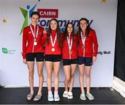 5 July 2025; Members of thr Cork under-16 relay team that won gold from left Anna Murray, Claire Bradley, Cara Buckley and Doirenn Kerr all from Douglas during day one of the Cairn Community Games National Swimming, Quiz, Chess, Draughts and Gymnastics Finals 2025 at The Watershed in Kilkenny. Photo by Matt Browne/Sportsfile