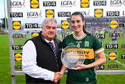 5 July 2025; Emma Costello of Kerry receives the Player of the Match Award from Robbie Smyth, LGFA Vice-President, after the 2025 TG4 All-Ireland Senior Championship Quarter-Final between Kerry and Kildare at Austin Stack Park in Tralee, Kerry. Photo by Tyler Miller/Sportsfile