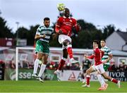 5 July 2025; Francely Lomboto of Sligo Rovers in action against Roberto Lopes of Shamrock Rovers during the SSE Airtricity Men's Premier Division match between Sligo Rovers and Shamrock Rovers at The Showgrounds in Sligo. Photo by Thomas Flinkow/Sportsfile