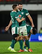 5 July 2025; Jack Crowley, left, and Max Deegan of Ireland celebrate at the final whistle of the International Rugby Test match between Georgia and Ireland at at Mikheil Meskhi Stadium in Tbilisi, Georgia. Photo by Brendan Moran/Sportsfile