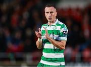 5 July 2025; Aaron McEneff of Shamrock Rovers applauds supporters after the drawn SSE Airtricity Men's Premier Division match between Sligo Rovers and Shamrock Rovers at The Showgrounds in Sligo. Photo by Thomas Flinkow/Sportsfile
